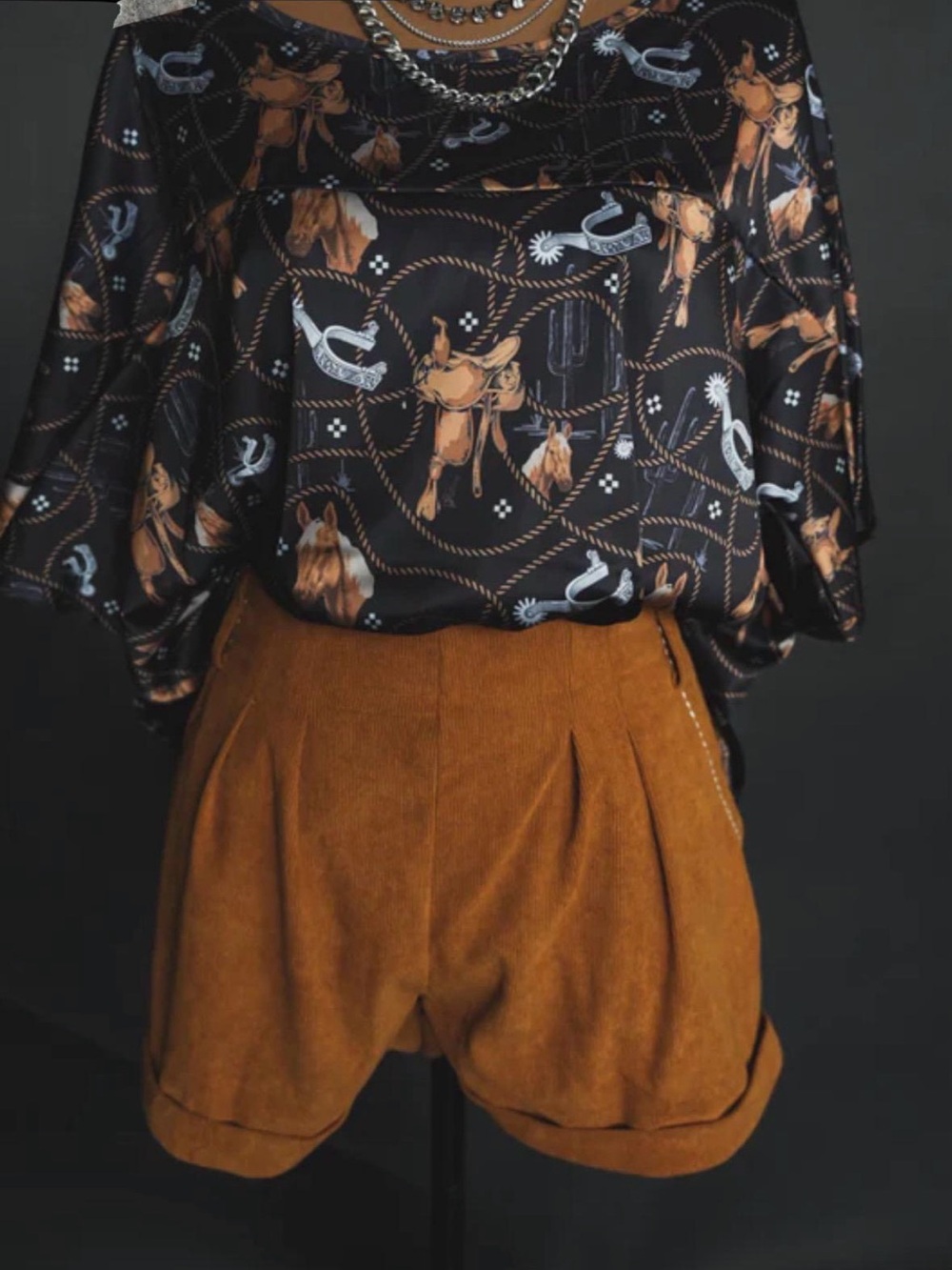 Final price $10 2 fly Black Western Print Blouse with Tan Accents